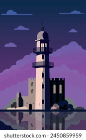 Vintage style lighthouse image. Coastal beacon landscape at night, vector retro poster illustration