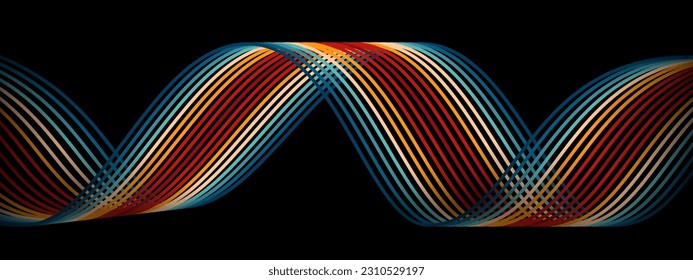 Vintage style lines on dark background. Geometric stripe line art design. Modern shiny blue lines. Futuristic technology concept. Suit for poster, cover, banner, brochure, website. Style 70s, 80s