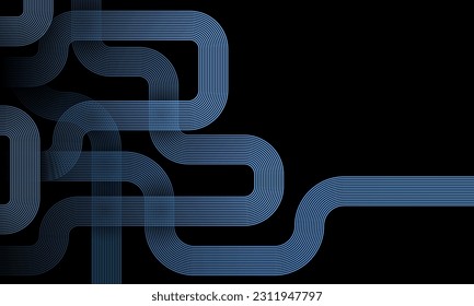 Vintage style lines on dark background. Geometric stripe line art design. Modern shiny blue lines. Futuristic technology concept. Suit for poster, cover, banner, brochure, website. Style 70s, 80s