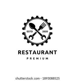 Vintage Style Logo for Canteen, Garage Workshop with Gear, Wrench, Spoon and Fork