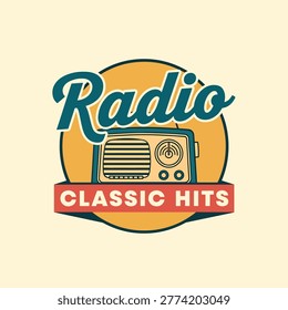 A vintage style logo design featuring an old radio with the text Radio Classic Hits on a circular badge background.