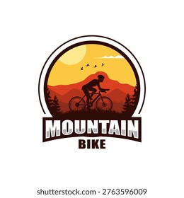 vintage style logo featuring cyclist riding through mountain landscape sunset