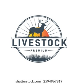 Vintage Style Logo Featuring a Deer Silhouette Standing in the Grass with a Warm Sunset Background. Suitable for Farming, Organic Meat Products Business