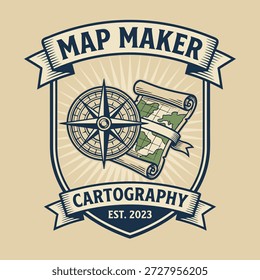Logotipo estilo vintage para um fabricante de mapas e empresa de cartografia, com uma bússola e mapa laminado.