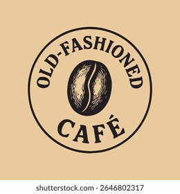 Um logotipo de estilo vintage para um café à moda antiga com um grão de café desenhado à mão dentro de um emblema circular. Perfeito para cafeterias, marcas retro e negócios relacionados a bebidas.