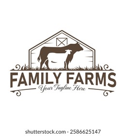 Vintage style logo with silhouette of cow and sheep in front of a barn, this logo is suitable for farm, agribusiness, dairy, organic meat, or other livestock based business.