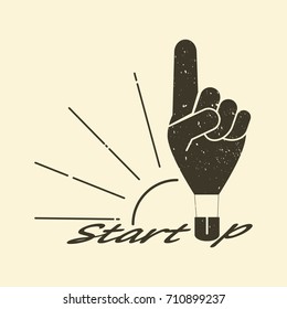 vintage style logo, start up, grunge, hot air balloon in the shape of a hand with a pointing finger shows to the top