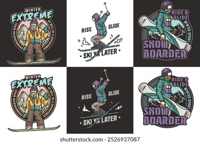 Vintage style logos featuring snowboarders and skiers enjoying winter sports, perfect for designs related to winter activities, extreme sports, and mountain adventures