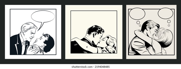 Vintage Style Lovers Relationship Illustrations Set