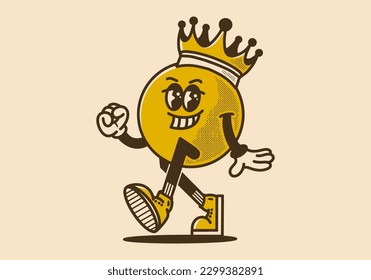 Vintage style mascot character design of ball head character wearing a gold crown