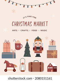 Vintage style Merry Christmas poster, Christmas market, street fair concept with retro icons and elements