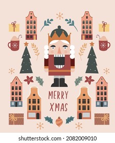 Vintage style Merry Christmas poster, Christmas market, street fair concept with retro icons and elements