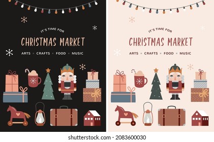 Vintage style Merry Christmas poster, Christmas market, street fair concept with retro icons and elements