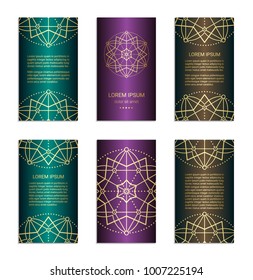 Vintage style metallic flyer set inspired by sacred geometry. Vertical blanks with golden sacral geometric signs. Line art brochure pattern. Clipping masks. Ornamental star design leaflet. EPS 10