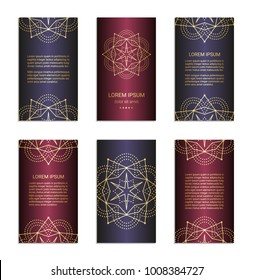 Vintage style metallic flyer set inspired by sacred geometry. Vertical blanks with golden sacral geometric signs. Line art brochure pattern. Clipping masks. Ornamental star design leaflet. EPS 10