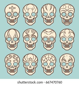 Vintage style mexican skull set on blue backdrop, vector illustration