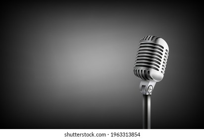 Vintage style microphone in studio. Banner with copy space
