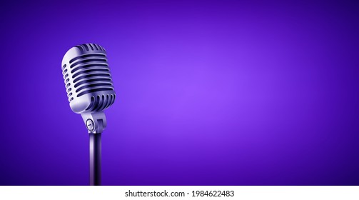 Vintage style microphone in studio. Vivid color banner with copy space
