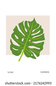Vintage style minimalistic poster with monstera leaf. Interior tropical poster design