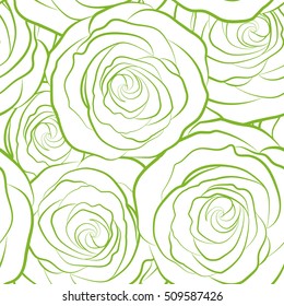 A vintage style monochrome vector seamless background pattern with hand drawn watercolor green rose flowers in bloom.