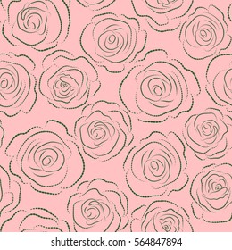 A vintage style monochrome vector seamless background pattern with hand drawn dashed green and neutral rose flowers in bloom.