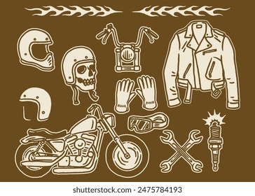 Vintage Style Motorcycle Gear and Accessories Illustration