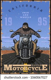 Vintage style motorcycle poster. motorcyclist on the road with desert background. Motorbike vector illustration. biker on chopper bike