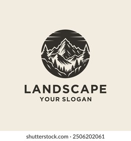 Vintage Style Mountain View Logo Design. Illustration of Rocky Mountains and Pine Forest for Outdoor Adventure.