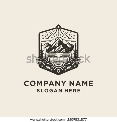Vintage Style Mountain View Logo Design. Illustration of Lake, Pine Forest and Mountains for Outdoor Adventure.