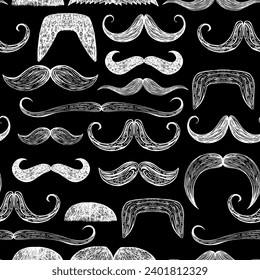 Vintage Style Moustaches Seamless Pattern. hand drawn illustration of different moustaches. Black background. For textile, paper, design, fabric, wallpaper.