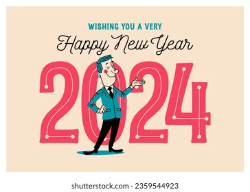 Vintage Style New Year Greetings Card - Wishing You a Very Happy New Year 2024 - Vector EPS10 Illustration.