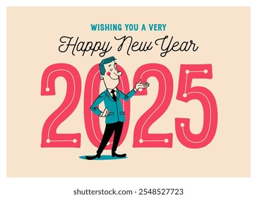 Vintage Style New Year Greetings Card - Wishing You a Very Happy New Year 2025 - Vector EPS10 Illustration.