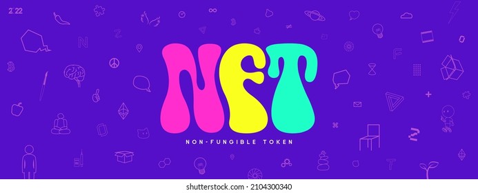 Vintage Style Of NFT (Non Fungible Token) Logo Like Being In The 1960s-1970s And Blending The Digital Age. For Presentation, Banner, Business, Education, Article, T Shirt. Vector Illustration.