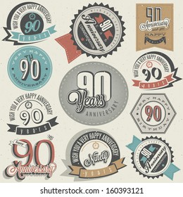 Vintage style ninetieth anniversary collection. Ninety anniversary design in retro style. Vintage labels for anniversary greeting. Hand lettering style typographic and calligraphic design elements