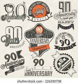 Vintage style ninetieth anniversary collection. Ninety anniversary design in retro style. Vintage labels for anniversary greeting. Hand lettering style typographic and calligraphic design elements 