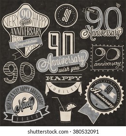 Vintage style ninetieth anniversary collection. Ninety anniversary design in retro style. Vintage labels for anniversary greeting. Hand lettering style typographic and calligraphic design elements