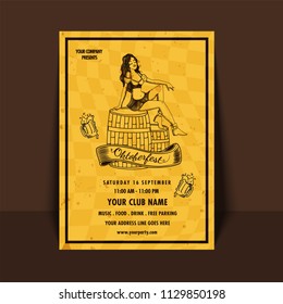 Vintage style Oktoberfest invitation card design, illustration of young girl sitting on beer barrel with date and time details.