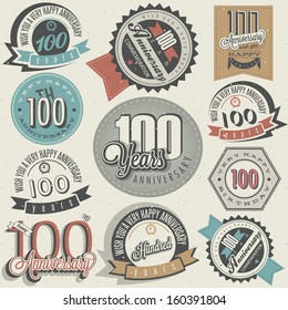 Vintage style One Hundred anniversary collection. Retro Hundred anniversary design. Vintage labels for anniversary greeting. Hand lettering style typographic and calligraphic symbols for Centenary 