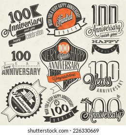 Vintage style One Hundred anniversary collection. Retro Hundred anniversary design. Vintage labels for anniversary greeting. Hand lettering style typographic and calligraphic symbols for Centenary