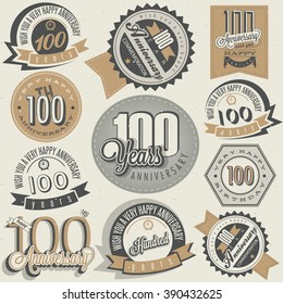 Vintage style One Hundred anniversary collection. Retro Hundred anniversary design. Vintage labels for anniversary greeting. Hand lettering style typographic and calligraphic symbols for Centenary