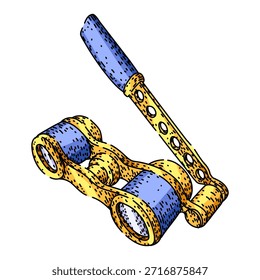 Gafas de ópera estilo Antiguas con un cuerpo dorado con acentos azules y un mango, que representan una herramienta elegante para los miembros de la audiencia que disfrutan de una actuación, concierto o espectáculo