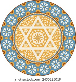 Vintage style ornamental mandala with folk motifs and hexagram