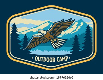 vintage style outdoor logo with flying bald eagle
