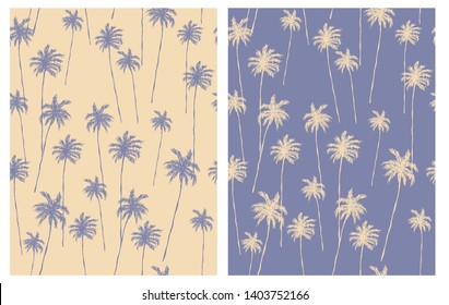 Vintage Style Palm Trees Seamless Vector Pattern. Pale Yellow and Violet Tropical Design for Textile, Card, Wrapping Paper, Aloha Party Decoration. Yellow Hand Drawn Palms on a Violet Background. 