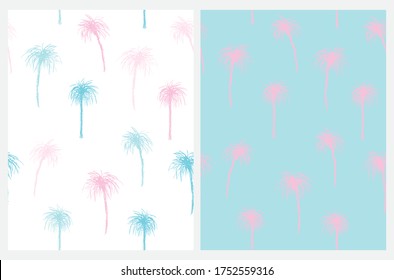 Vintage Style Palm Trees Seamless Vector Pattern. Pastel Blue and Light Pink Tropical Repeatable Design. Aloha Party Decoration. Pink Hand Drawn Palms Isolated on a Blue Background. Tropical Backdrop.