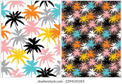 Vintage Style Palm Trees Seamless Vector Pattern. Colorful Tropical Forest Design for Textile, Wrapping Paper. Aloha Party Decoration. Hand Drawn Palms on a White and Chocolate Brown Background.