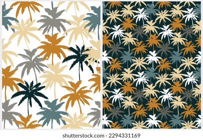 Vintage Style Palm Trees Seamless Vector Pattern. Simple Tropical Forest Design for Textile, Wrapping Paper. Aloha Party Decoration. Hand Drawn Palms on a White and Dark Blue Background.