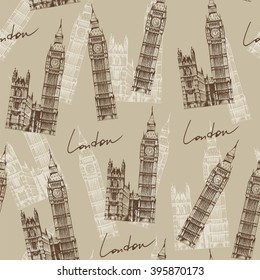 Vintage style pattern with Big Ben (Elizabeth Tower), London, England, United Kingdom. Seamless vector background with hand drawn travel symbols