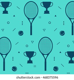 Vintage style pattern design with racket, trophy and tennis ball. Vector illustration.