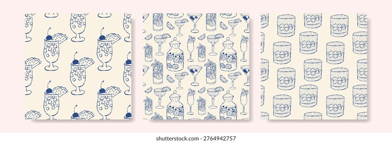Vintage style pattern features blue handdrawn cocktail glasses